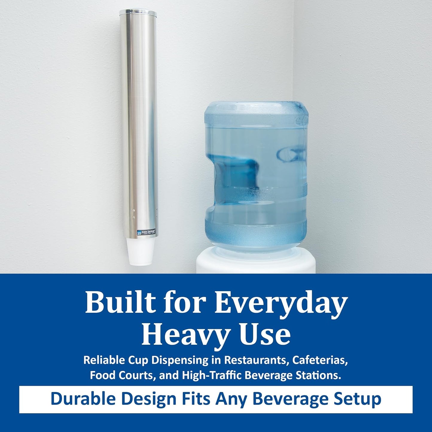San Jamar 23.5" Pull Type Cup Dispenser – Stainless Steel 12 to 24 Oz Cup Holder with Flip Cap for Restaurants, Dining Halls, Fast Food Beverage Stations, Silver