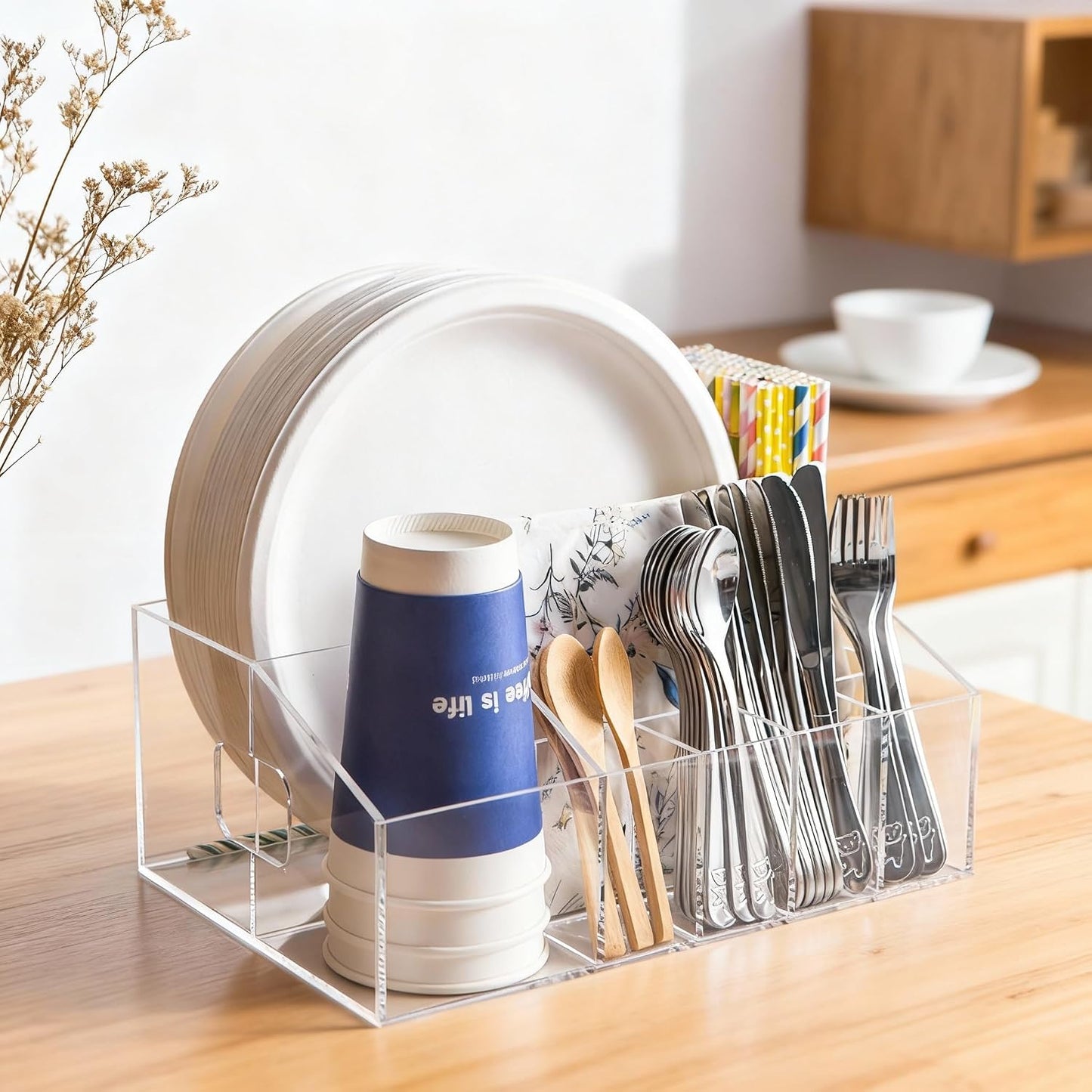 Utensil Silverware Caddy for Party Acrylic Paper Plate Dispenser Holders Countertop Organizer Buffet Caddy for Plastic Plates Napkins Cup Flatware Cutlery Hosting Entertaining Essentials for Picnic