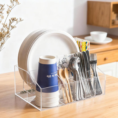 Utensil Silverware Caddy for Party Acrylic Paper Plate Dispenser Holders Countertop Organizer Buffet Caddy for Plastic Plates Napkins Cup Flatware Cutlery Hosting Entertaining Essentials for Picnic