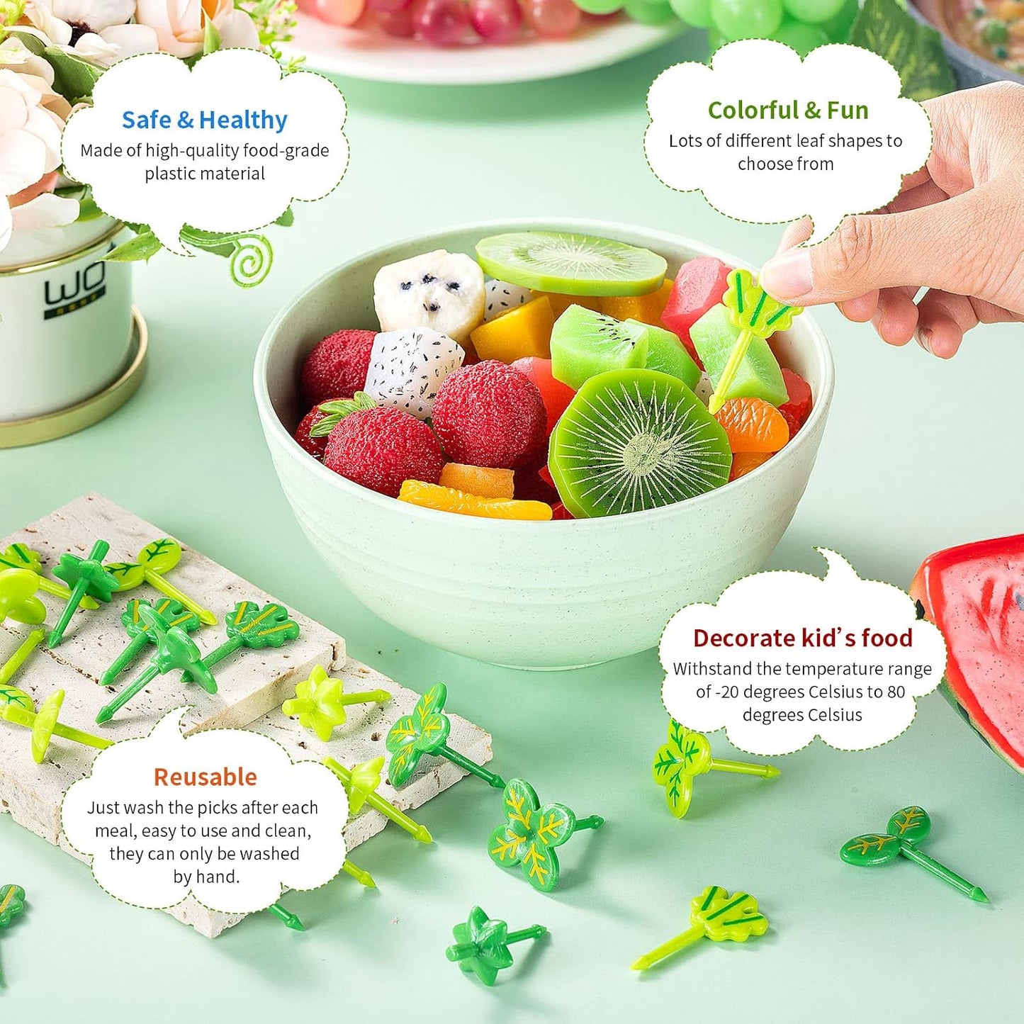 Baderke 64 Pcs Kids Food Pick Leaves Series Bento Box Fruit Picks Decorative Plastic Bento Box Accessories Mini Fruit Fork Kawaii Stick Cute Salad Toothpick for Party Lunch Decor, 8 Styles