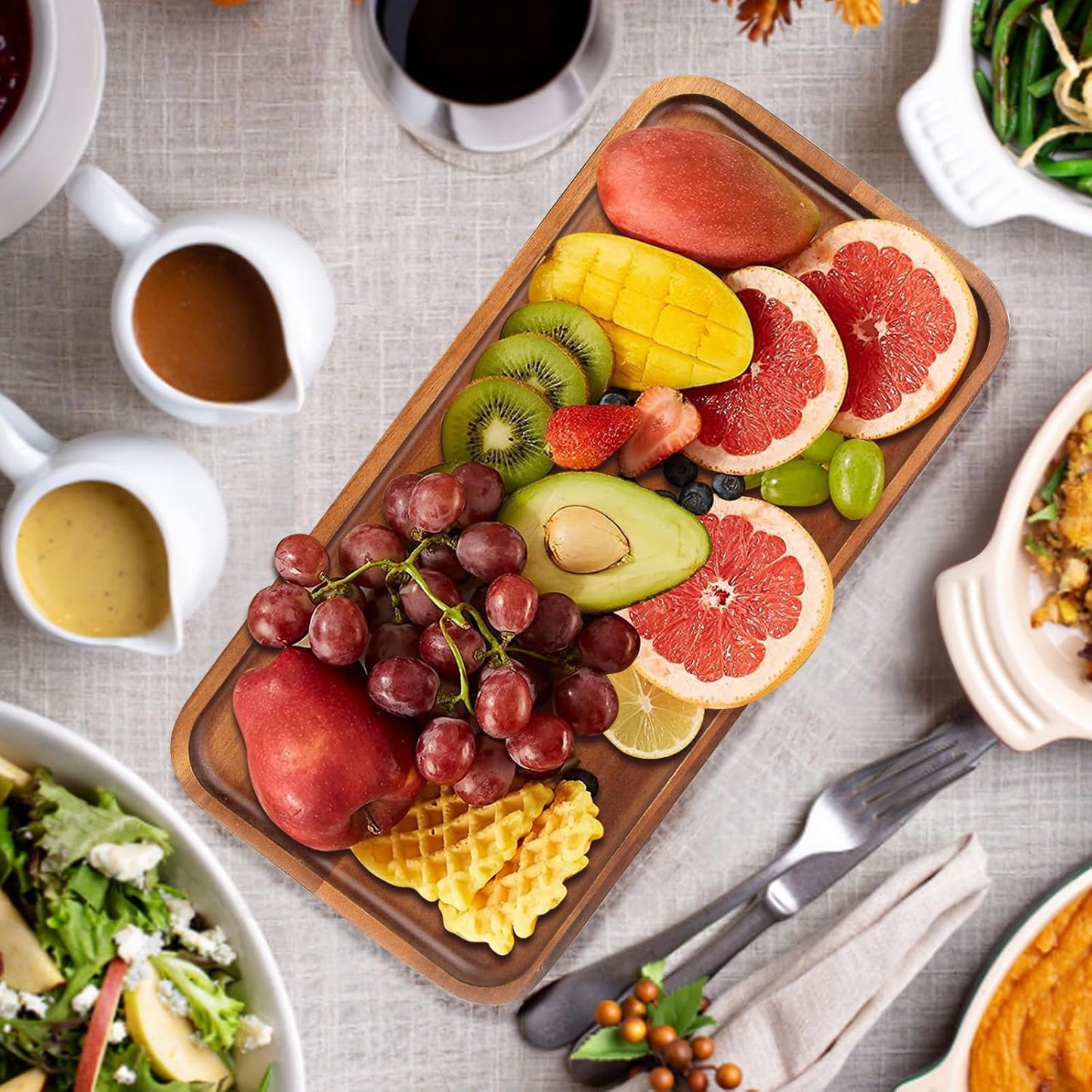 Large Wooden Serving Trays Long Party Charcuterie Boards Acacia Wood Platters Serving Cheese Board Rectangular Appetizer Snack Plates Rectangle Kitchen Dinner Platter for Food Dish Cake Dessert Tray