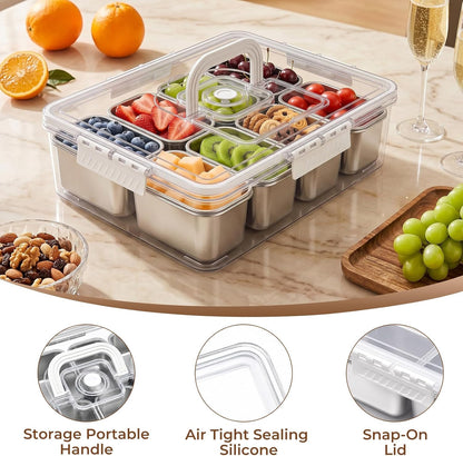 Homelove Snackle Box Container with ice-pack, Snack Container Divided Serving Tray with 8-Compartment Snack Platter, Lid and Handle, Food Organizer for Outdoor Travel Party Beach Picnic