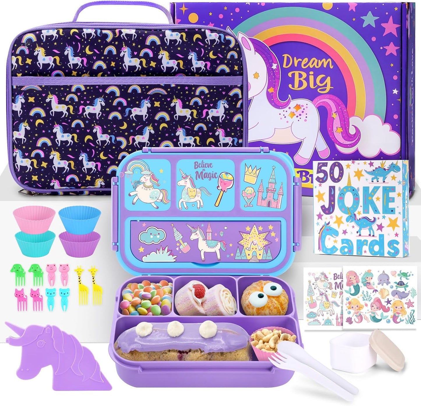 QQKO Bento Box for Kids with Insulated Lunch Bag, Kids Toddler Lunch Box Containers for Girls, School Unicorn lunch Box Set with 4 Compartments, Ice Packs, Utensils, Sauce Container, Muffin Cups