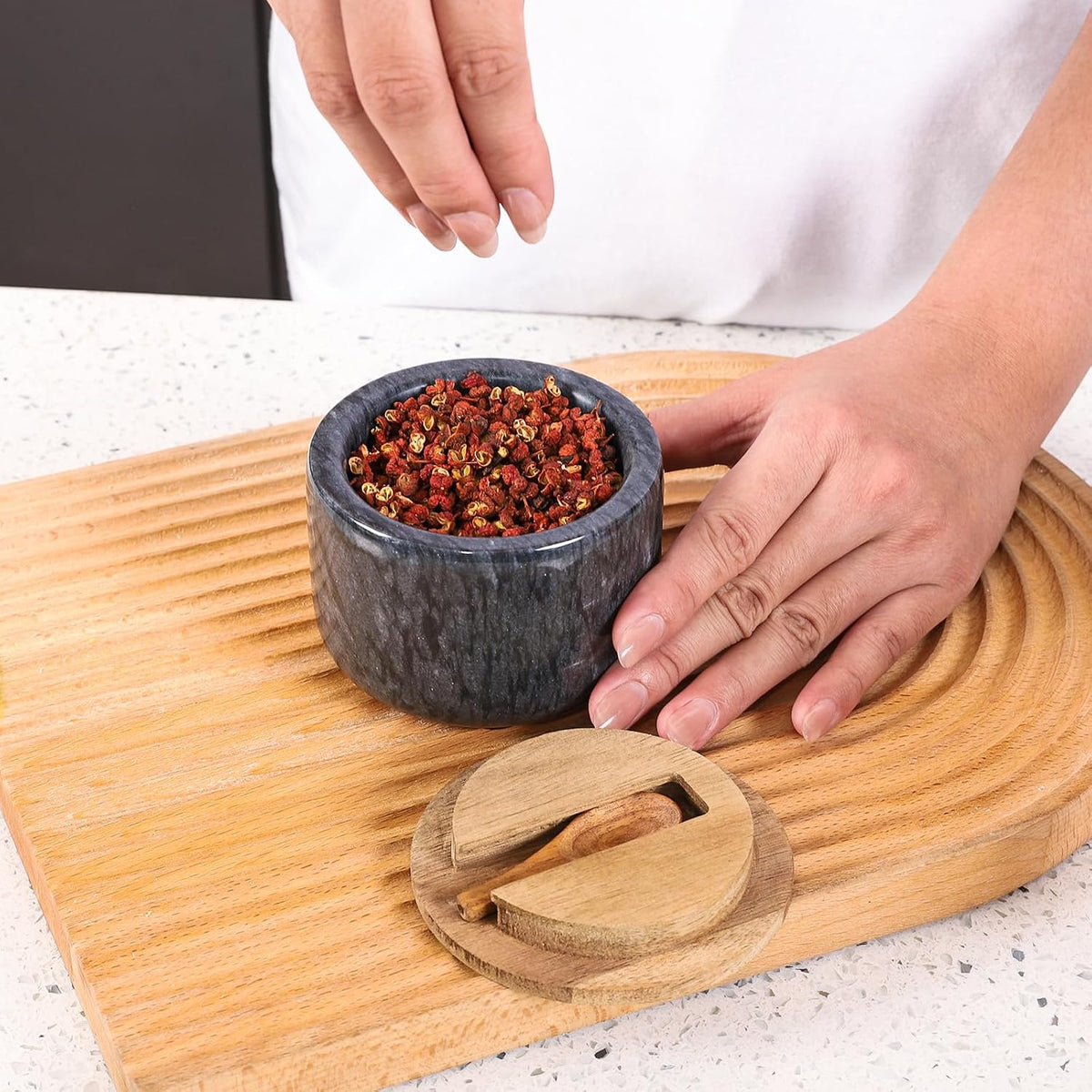 Salt and Pepper Bowl, Marble Salt Cellar and Spices Storage Container With Built-in Spoon and Acacia Wood Lid - 6.5oz Capacity (White)
