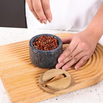 Salt and Pepper Bowl, Marble Salt Cellar and Spices Storage Container With Built-in Spoon and Acacia Wood Lid - 6.5oz Capacity (White)