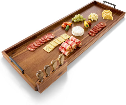 TIDITA Acacia Large Charcuterie Boards for Party with Cheese Knife Set of 4 – Acacia Wood Serving Tray with Handles, Long Charcuterie Board, Wooden Cheese Board (Walnut Color, 30 Inch)