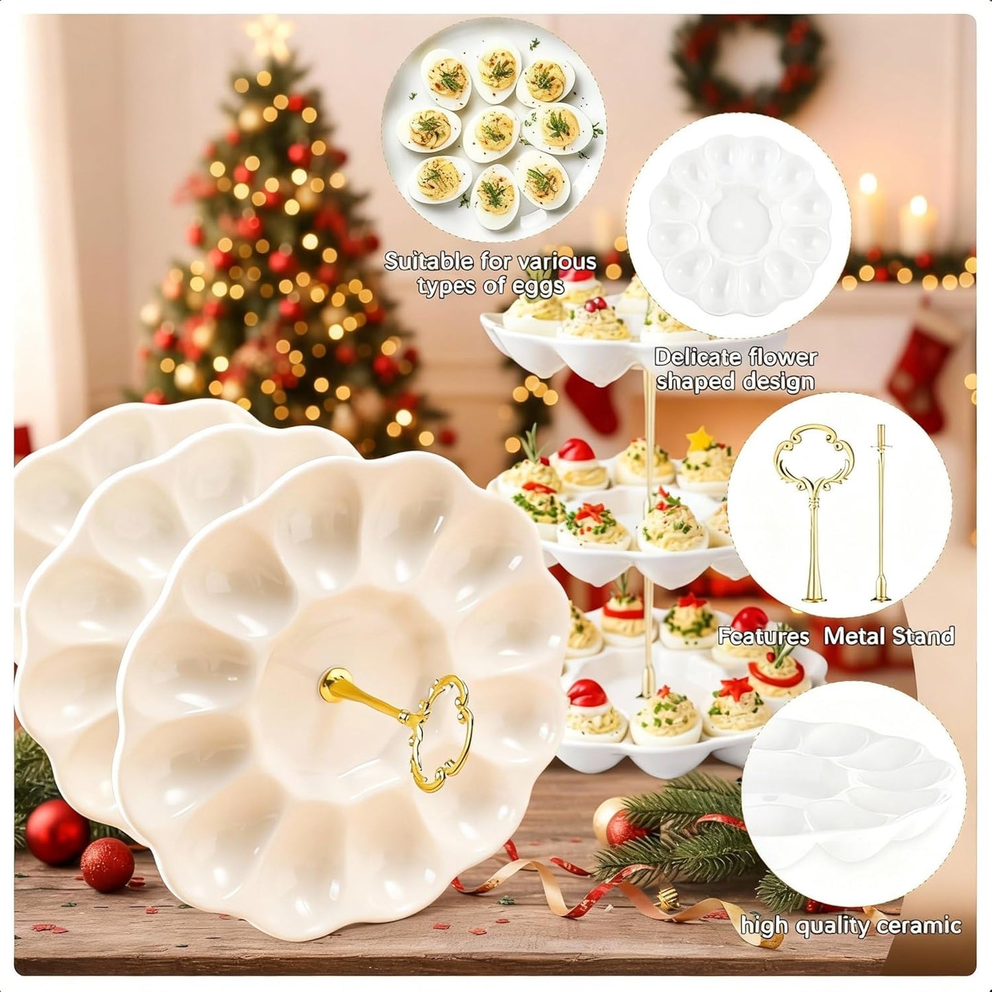 Potchen Multi Tier Ceramic Deviled Egg Platter Deviled Egg Tray Container, Detachable Eggs Holder Tower Wedding Party Food Container for Kitchen Countertop Microwave Dishwasher Freezer(Flower,3 Tier)