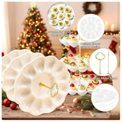 Potchen Multi Tier Ceramic Deviled Egg Platter Deviled Egg Tray Container, Detachable Eggs Holder Tower Wedding Party Food Container for Kitchen Countertop Microwave Dishwasher Freezer(Flower,3 Tier)