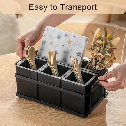 PTSTING Silverware Caddy Wood Utensil Holder Paper Plate Dispenser Silverware Utensil Caddy Cutlery Flatware Organizer Box for Spoons Forks Plates Napkins