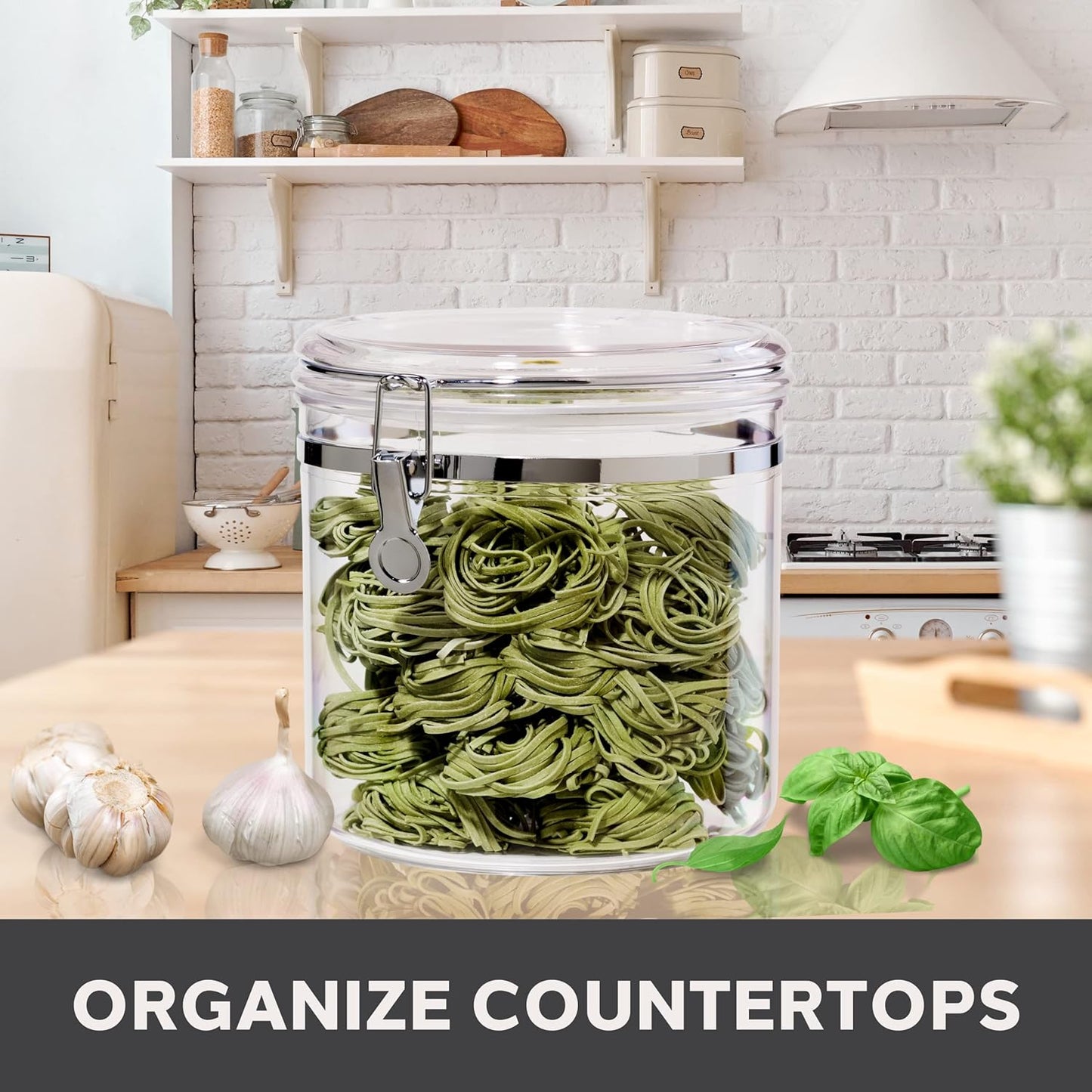 Oggi Clear Canister with Clamp Lid, 28 oz - Large Airtight Food Storage Container, for Kitchen & Pantry Storage of Bulk, Dry Foods Including Pasta, Flour, Sugar, Coffee, Rice, Tea, Spices & Herbs