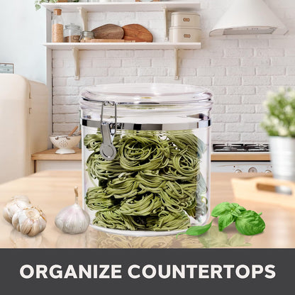 Oggi Clear Canister with Clamp Lid, 28 oz - Large Airtight Food Storage Container, for Kitchen & Pantry Storage of Bulk, Dry Foods Including Pasta, Flour, Sugar, Coffee, Rice, Tea, Spices & Herbs