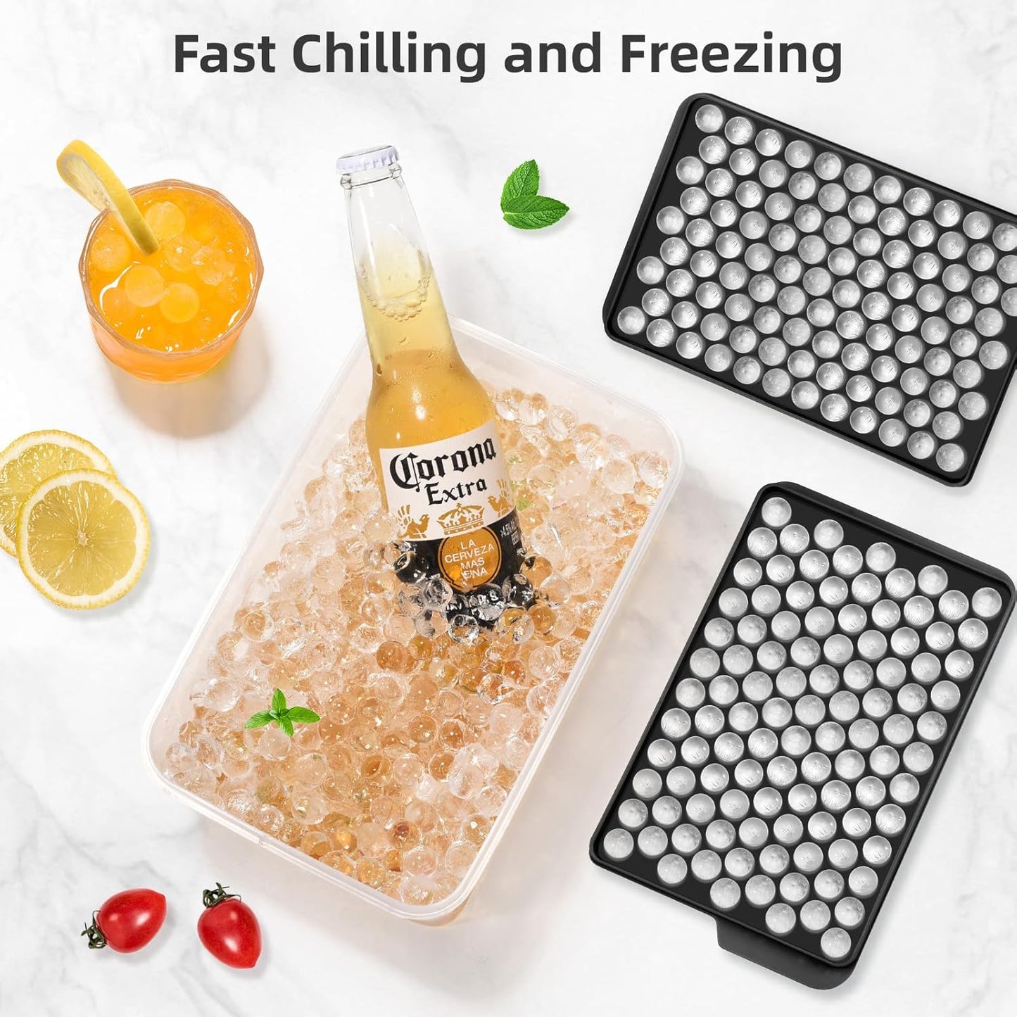 WIBIMEN Mini Ice Cube Trays, 0.55” Tiny Pebble Ice for Iced Coffee & Cocktails, Fast Chill, Easy Twist Release, Stackable with Lid & Storage Bin (2 Pack, Blue)