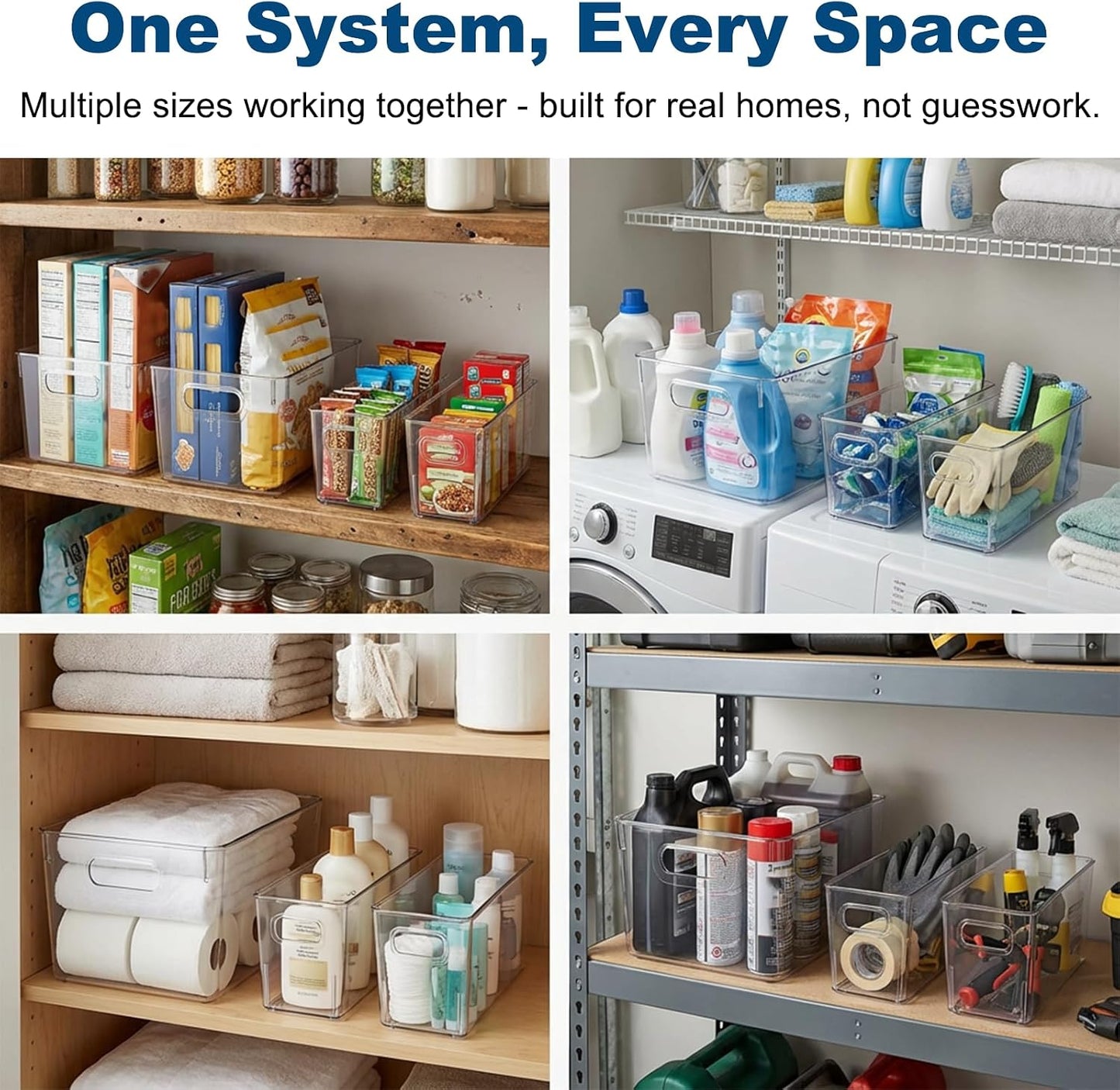 MOONEDGE 4 Pack Clear Plastic Organizer Bins, 2 Large & 2 Small Storage Set | Storage Bins for Pantry, Space-Saving Organizer Containers for Cabinets, Under-Sink, Bathroom, Kitchen, Freezer, Home Storage