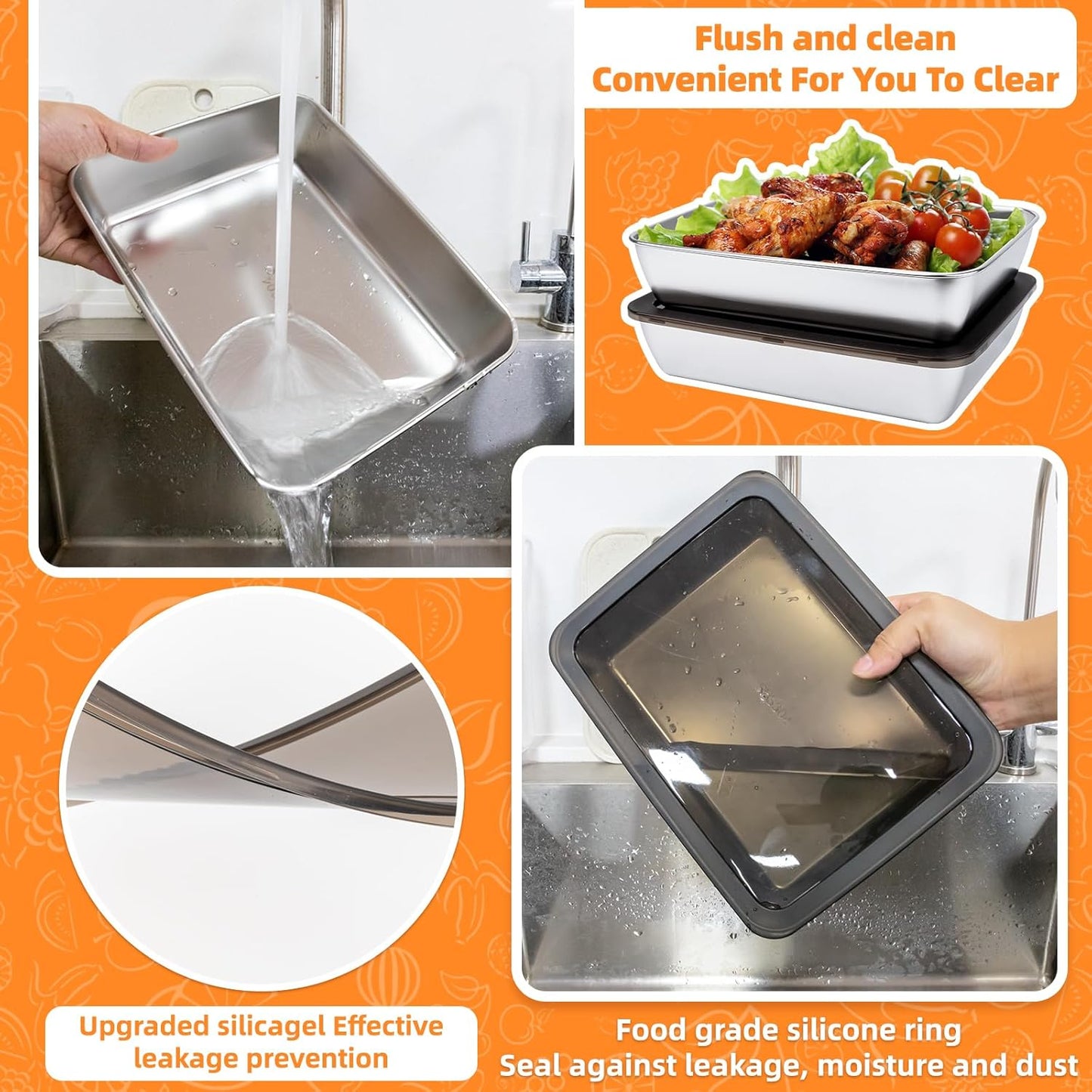 4 PCS Stainless Steel Food Storage Containers with lids,2.16 Inch Deep, 8x10 Inch Stainless Steel Oven plate, Metal Roasting Pan for Meal Prep、Meat, Rustproof & Heavy, Freezer & Dishwasher Safe