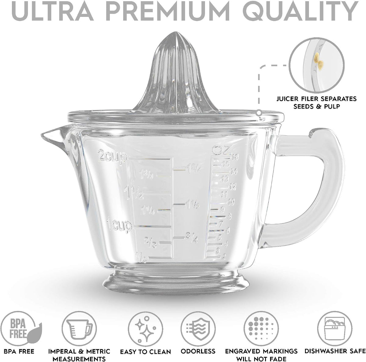 CuttleLab Glass 2-Cup Juicer (Clear) - Lemon and Lime Manual Squeezer, Citrus Reamer