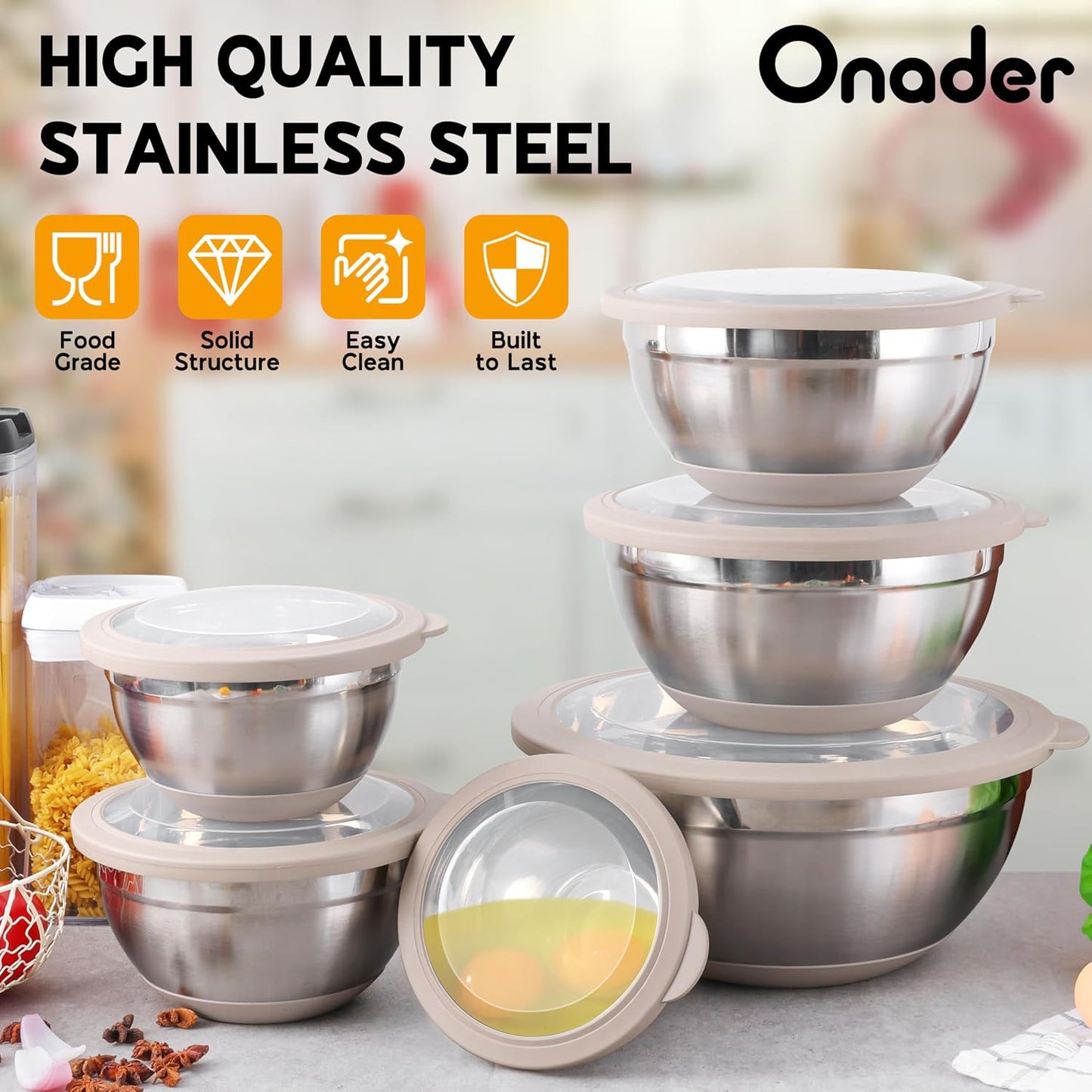 Onader Colorful Mixing Bowl Set of 6 for Kitchen, Large Stainless Steel Metal Nesting Mixing Bowls with Airtight Lids, Non Slip - Size 0.7, 1, 1.5, 2, 2.6, 4.6QT