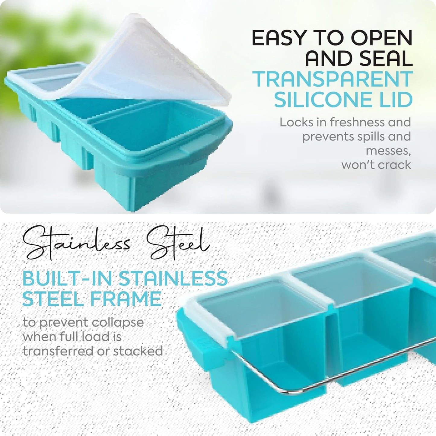 XOMOO Silicone Freezer Tray With Lid-Soup Freezer Container molds-2-cup Extra Large Ice Cube Tray-makes 4 perfect 500ml portions cubes, For freezing soup,stews,sauces.Oven&Dishwasher-Safe(2-Pack)
