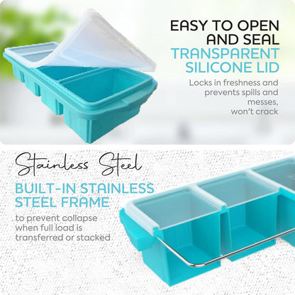 XOMOO Silicone Freezer Tray With Lid-Soup Freezer Container molds-2-cup Extra Large Ice Cube Tray-makes 4 perfect 500ml portions cubes, For freezing soup,stews,sauces.Oven&Dishwasher-Safe(2-Pack)