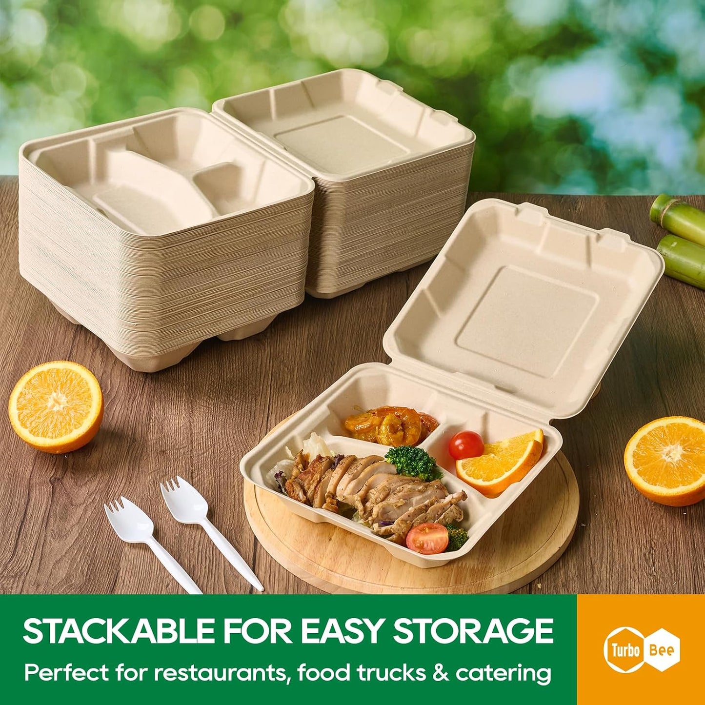 Turbo Bee 100 Pack 8x8inch White 3 Compartment Take Out Containers with Lids, Disposable Clamshell Meal Prep Containers, Divided Lunch Boxes for Catering, Restaurant & Meal Prep