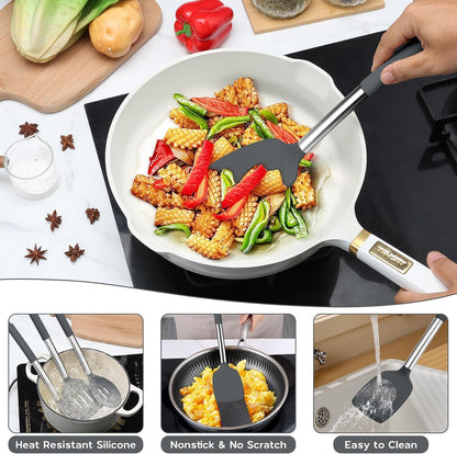 Onader Kitchen Utensils Set, 15 Pcs Silicone Cooking Utensils Set with Holder and Heat Resistant Stainless Steel Handle for Nonstick Cookware - Black
