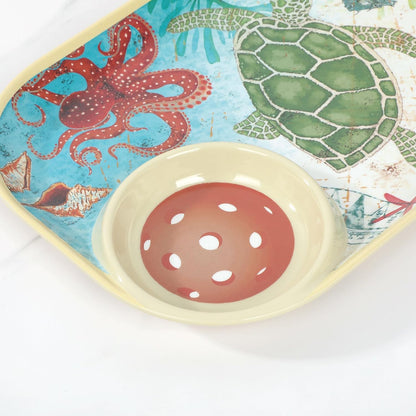UPware Flamingo Melamine Chip and Dip Snack Tray, Tropical Floral Pickleball Paddle Shape Platter for Chips, Salsa, Fruits, and Appetizers, 15.75 x 8 Inch