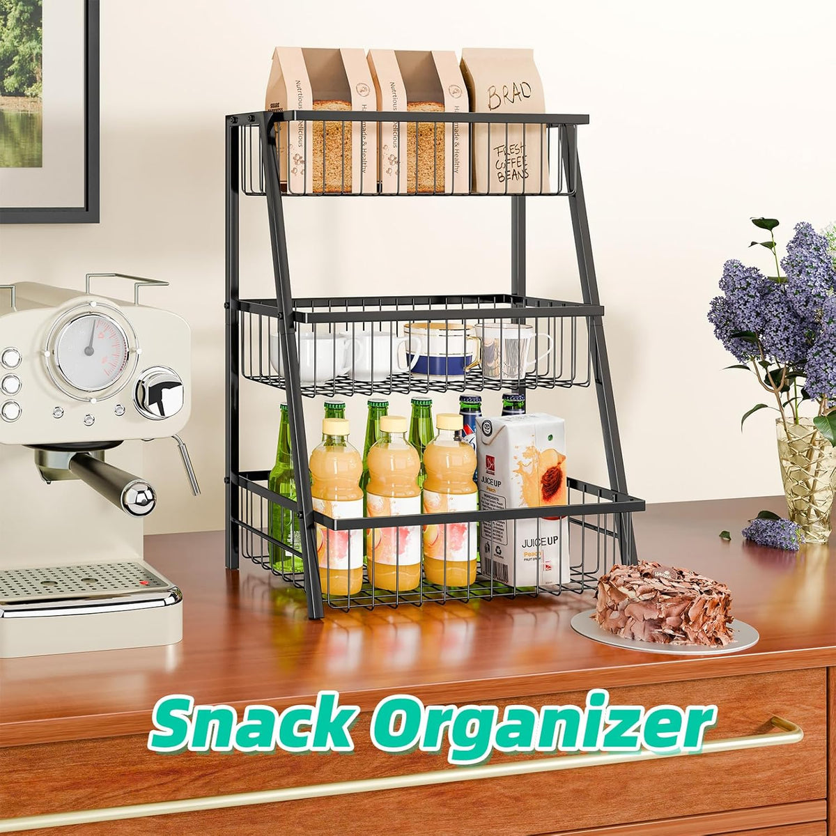 Simple Trending Fruit Basket 2-Tier Detachable, with Banana Hangers & Rust-Proof Metal Mesh, Ventilated Kitchen Organizer for Countertop, Perfect for Fruits, Vegetables, Snacks Storage