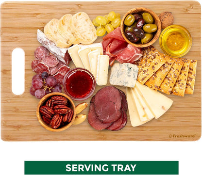 Freshware Wood Cutting Boards for Kitchen - Bamboo Cutting Board Set of 3, Cutting Boards with Juice Grooves, Serving Board Set, Chopping Board for Meat, Veggie, Easy Grip Handle (9x6", 12x8", 15x10")