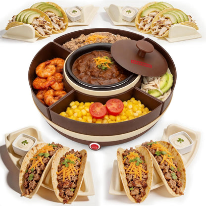 SugarWhisk Lazy Susan Taco Bar & Condiment Containers with Lids, 4 Taco Holders for Taco Tuesday Kit, Fondue Pot for Taco Bell Sauce, Burritos, Nachos, and Fajitas, Brown