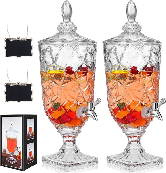 Zhehao 2 Pcs Drink Dispensers for Parties 1.3 Gallon Glass Beverage Dispenser Clear Vintage Crystal Iced Beverage Dispenser with Spigot and 2 Wooden Chalkboard Wide Mouth Beverage Server for Bar Home
