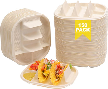 Small Disposable Taco Plates With Dipping Sides - 50 Pack, Biodegradable Cornstarch Taco Holder, Mini Size Fit 4-6 Inch Street Tortilla Shells, Sturdy & Microwave Safe, Bar Serving Set For A Party