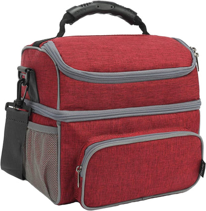 FlowFly Double Layer Cooler Insulated Lunch Bag Adult Lunch Box Large Tote Bag for Men, Women, With Adjustable Strap,Front Pocket and Dual Large Mesh Side Pockets