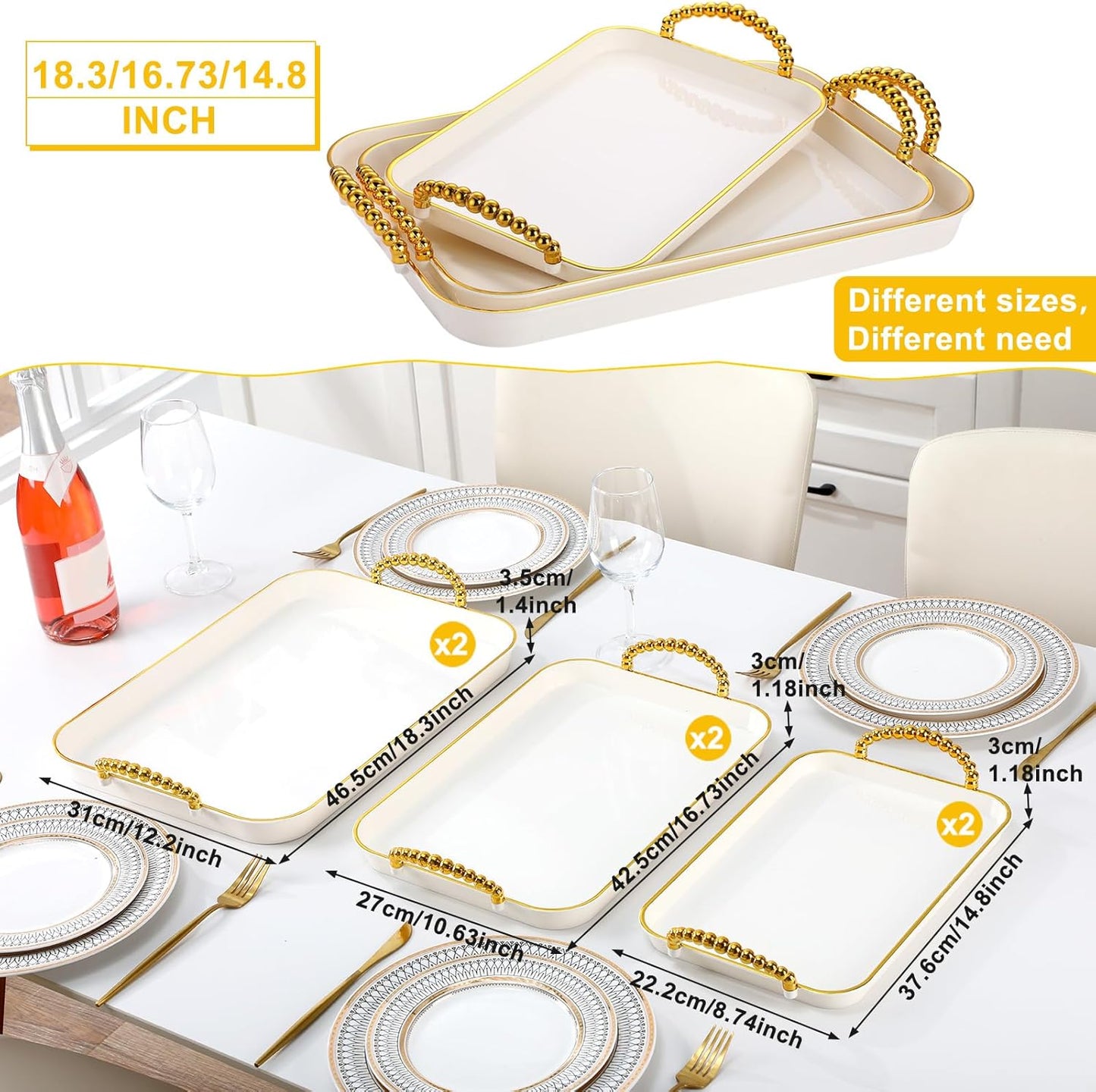 Rtteri Set of 6 Serving Platters with Handles 18.3/16.73/14.8 Inch Large Rectangular Trays, Reusable Pet Plastic for Entertaining, Dinner Parties, Weddings(Round Beads Handles,White)