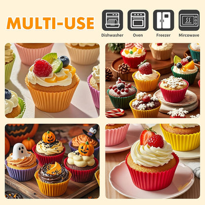 24 Pack Reusable Silicone Cupcake Baking Cups, 2.96 inch Multicolor Cups, Non-stick Muffin Liners for Weddings, Birthday, Party Halloween Christmas