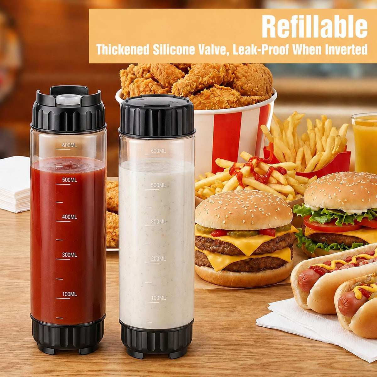 2 Pcs 16 oz Inverted Squeeze Bottles, Valve Condiment Dispenser (Black)