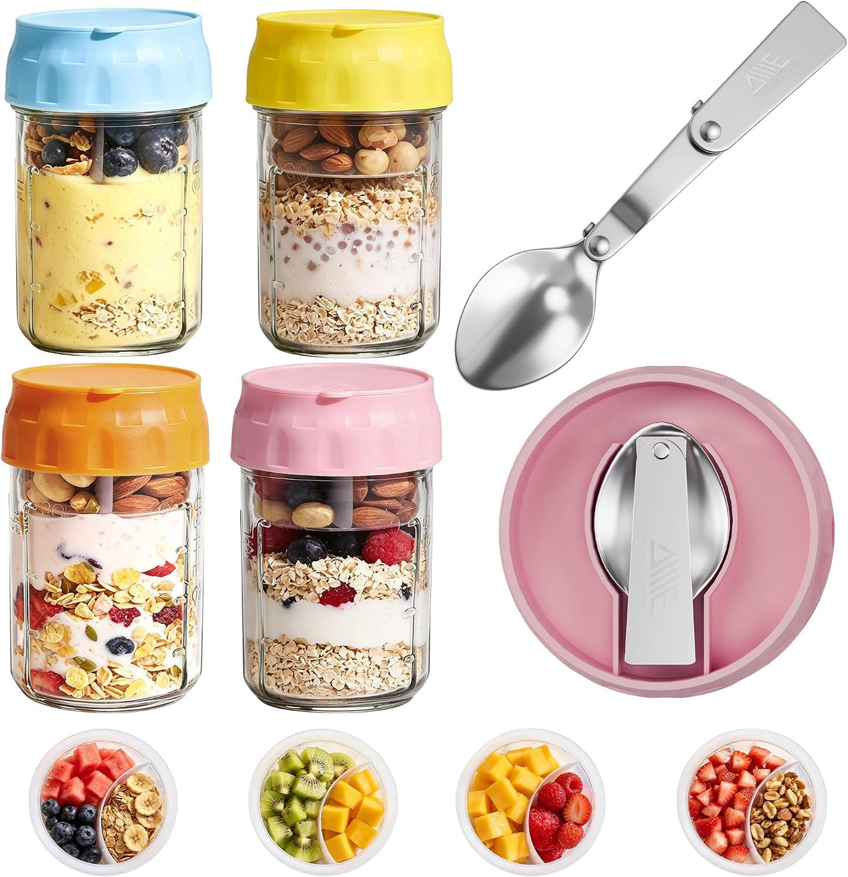 Overnight Oats Containers with Lids, 4 Pack 16 Oz Glass Mason Jars - Leakproof Meal Prep Jars, Separate Compartment, Folding Spoon, Yogurt Parfait Cups, Stackable, BPA Free