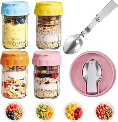 Overnight Oats Containers with Lids, 4 Pack 16 Oz Glass Mason Jars - Leakproof Meal Prep Jars, Separate Compartment, Folding Spoon, Yogurt Parfait Cups, Stackable, BPA Free