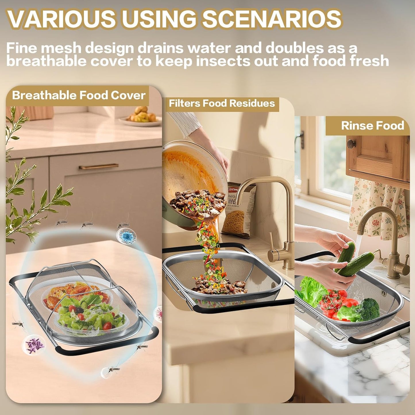 4-in-1 Colander with Bowl Set — Patented 360° Rotatable Strainer Bowl with 3 Graters, Snap-On Lid & Non-Slip Base, Funny Kitchen Present for Women, Aesthetic Pasta Fruit Vegetable Strainer (Beige)