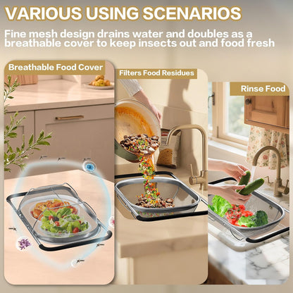 4-in-1 Colander with Bowl Set — Patented 360° Rotatable Strainer Bowl with 3 Graters, Snap-On Lid & Non-Slip Base, Funny Kitchen Present for Women, Aesthetic Pasta Fruit Vegetable Strainer (Beige)