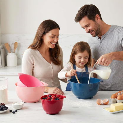 BoxedHome Nesting Plastic Mixing Bowl Set With Pour Spout, Microwave and Dishwasher Safe, BPA free Non-Slip Base, Set of 4 Size 1.7, 2.5, 3.5 and 4.5qt, Great for Prepping, Baking, Cooking (Dark Blue)