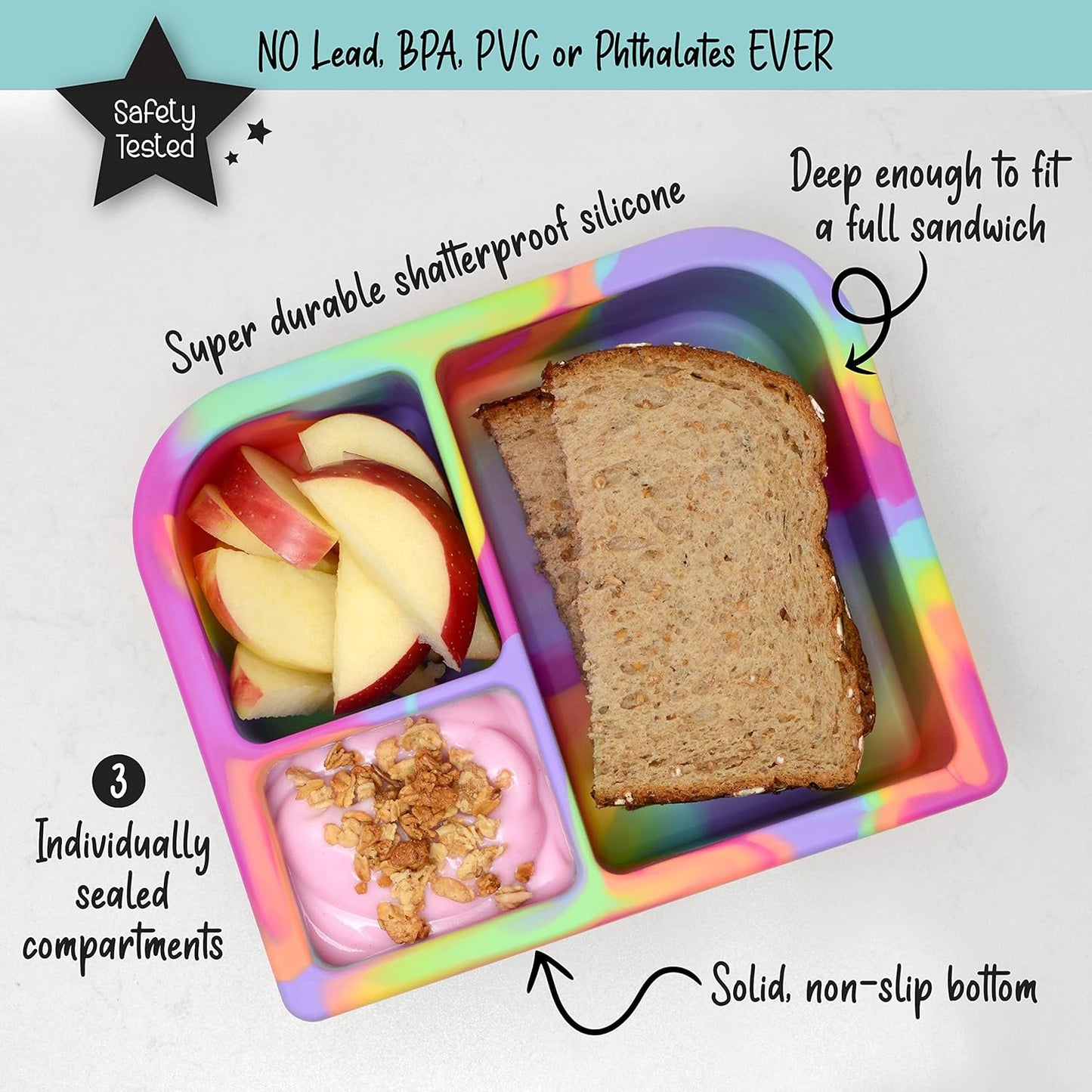 PrimaStella Unbreakable Silicone Lunch Box for Kids and Adults - Divided Leak Proof Bento Box (Slate Blue)