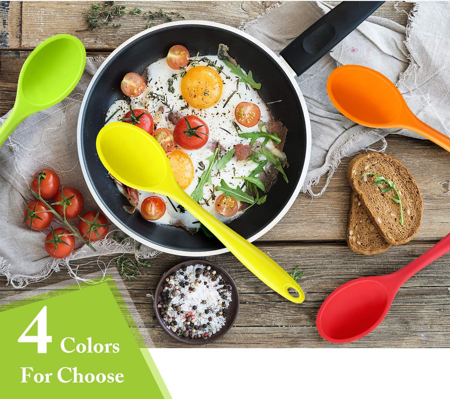 Shappy 4 Pieces Silicone Cooking Spoons 10.6 Inch Heat Resistant Kitchen Spoons for Mixing, Serving and Stirring Upgrade Large Non Stick Basting Utensils, Dishwasher Safe(Spoon,Fashionable Color)