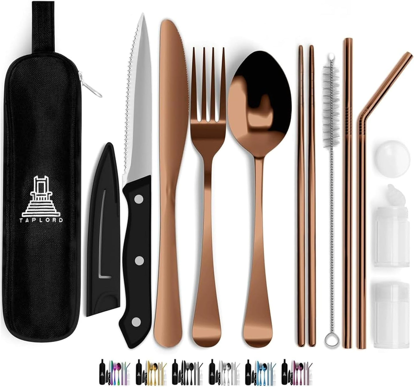 Taplord Portable Travel Silverware Set With Case, Includes 10 Pcs of Travel Utensils With Case, Stainless Steel Flatware Set For Camping, Lightweight (Multi-Color)