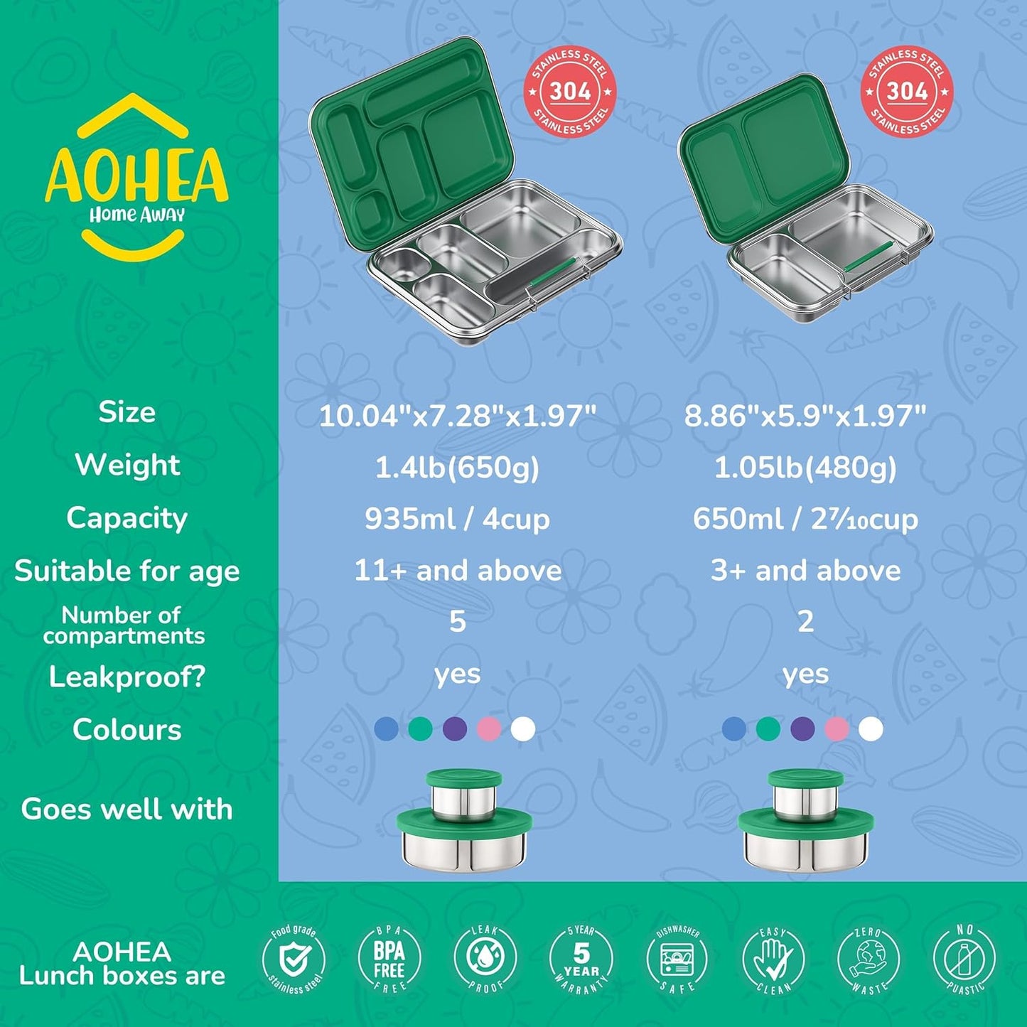 AOHEA Stainless Steel Bento Box Kids, Kids Metal Bento Lunch Box BPA Free Lunch Box Containers 304 Stainless Steel Bento Box for School and Office(Bule)