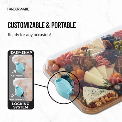 Farberware Build-A-Board Bamboo Cutting Board with Built-In Compartments & Clear Locking Lid, Black Handles, Charcuterie, Snack Tray, Food Prep and Serving Platter