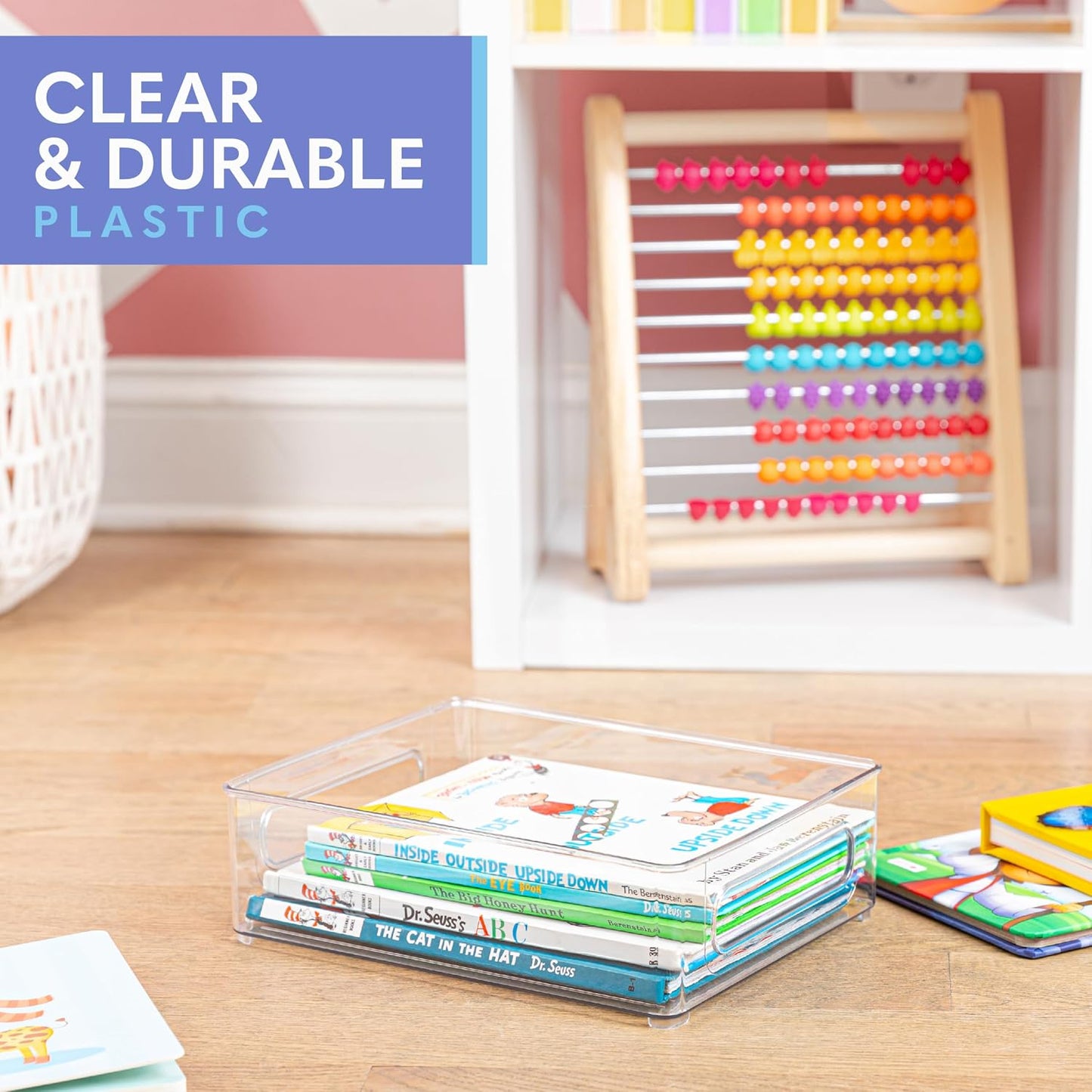 Plastic Food Storage 4 Pack Clear Container Bin with Handles for Organizing Kitchen, Pantry, Refrigerator, Freezer, Pantry, Cabinet, Closet, Bathroom. Stackable 10”x6”x3”