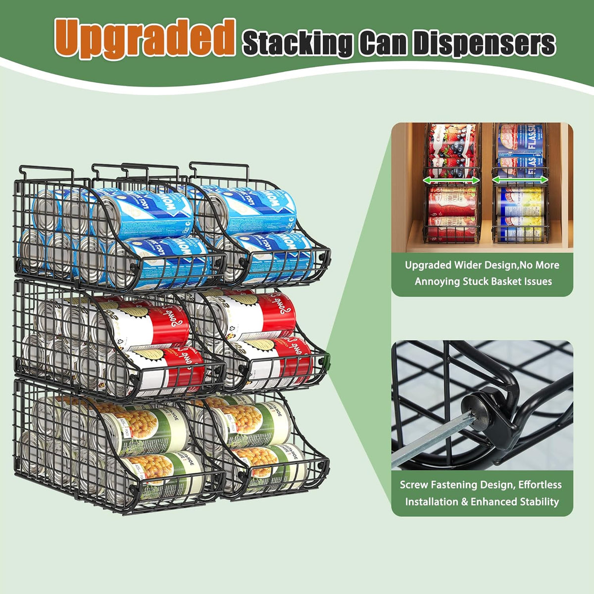 Sonyabecca 4-Pack Stackable Canned Food Organizer with Handles, Soda Can Organizer for Kitchen Pantry Shelves, Foldable Wire Cabinet Shelf for Can Storage, Patent Pending, Black