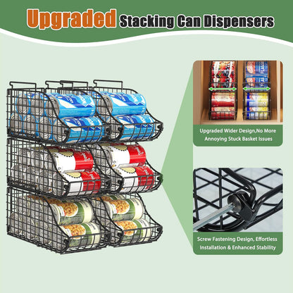 Sonyabecca 4-Pack Stackable Canned Food Organizer with Handles, Soda Can Organizer for Kitchen Pantry Shelves, Foldable Wire Cabinet Shelf for Can Storage, Patent Pending, Black