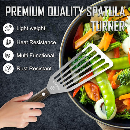 2 Pack Fish Spatula Stainless Steel - Metal Spatula Set, Wooden Handle | Kitchen Slotted Fish Turner/Spatula Set [ Large+Medium ] for Cooking & BBQ, Flipping Eggs, Burgers and Baking, Perfect Gifts