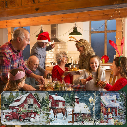 4-Piece 15 x 11 Inch Christmas Serving Tray Set, Melamine Reusable Platters with Red Barns, Snowmen, Horses, and Truck, Holiday Party Snack, Fruit, Dessert, and Candy Dishes