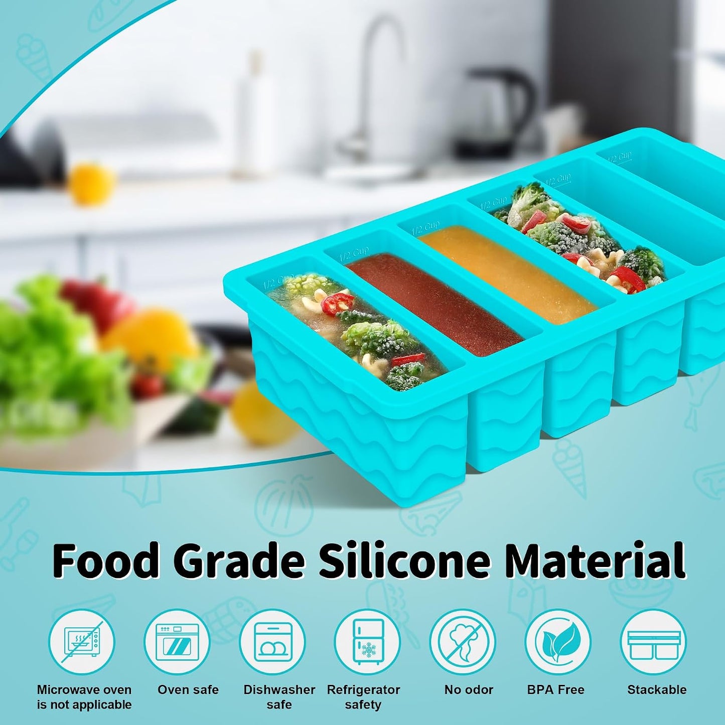 4-Pack Silicone Freezer Trays with Lid,2*【2 Large 2-Cup(500ml)&6 Small 1/2-Cup(125ml)】Soup Freezer Container Molds,Ice Cube Tray For Meal Prep&Freezing Soup,Stews,Sauces,Oven&Dishwasher-Safe